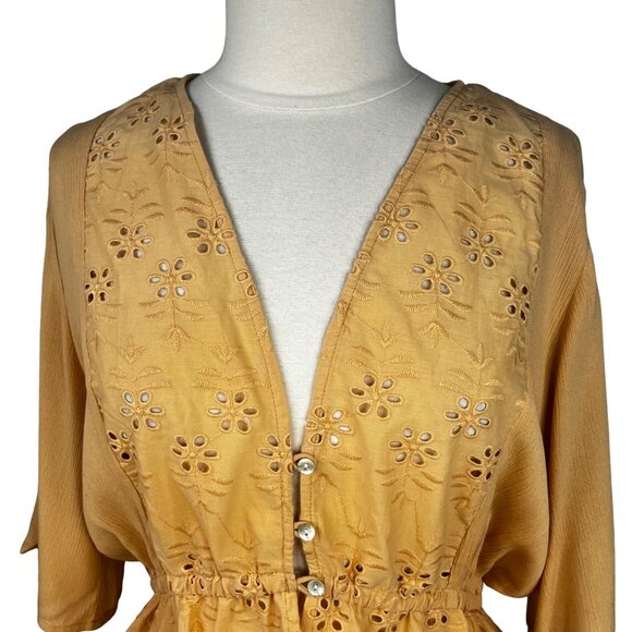 Versona Embroidered Button Front Top Womens Medium Yellow - Picture 3 of 7